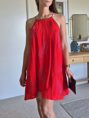 Red Sleeveless Ciebon Swing Dress with Embroidered Leaf Detail